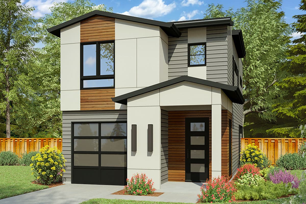 House plan exterior. Two-story modern style home with flat rooflines, wood accents, and a garage. The front entry features a small covered porch.