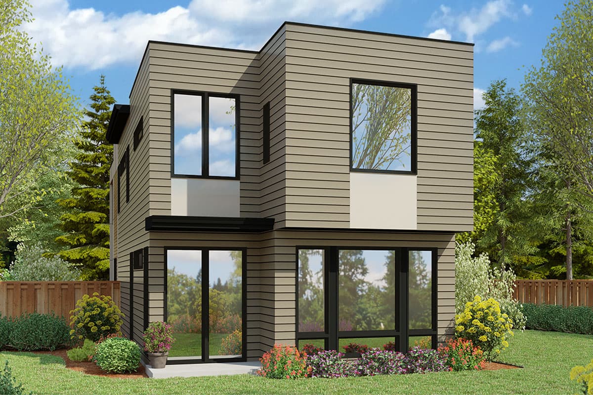 Modern style house plan exterior, two stories, horizontal siding, large windows, and flat roof.