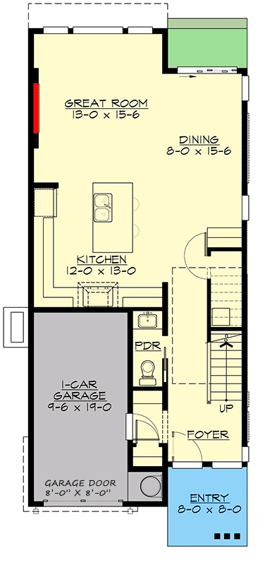 Plan 23991JD: 3-Bed Narrow Contemporary House Plan with Open Concept Living - 1708 Sq Ft - Floor Plan - Main Level - Contemporary, Modern