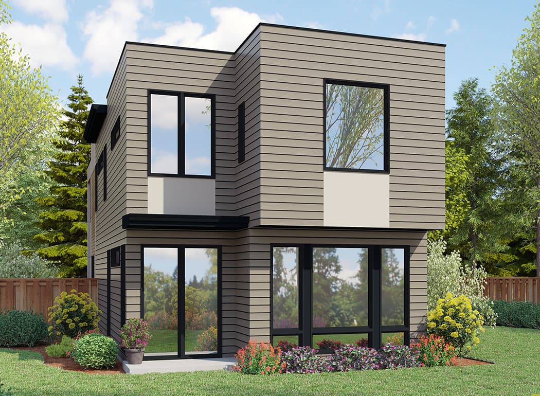 Modern two-story house plan exterior with horizontal siding, large windows, and an offset upper level.