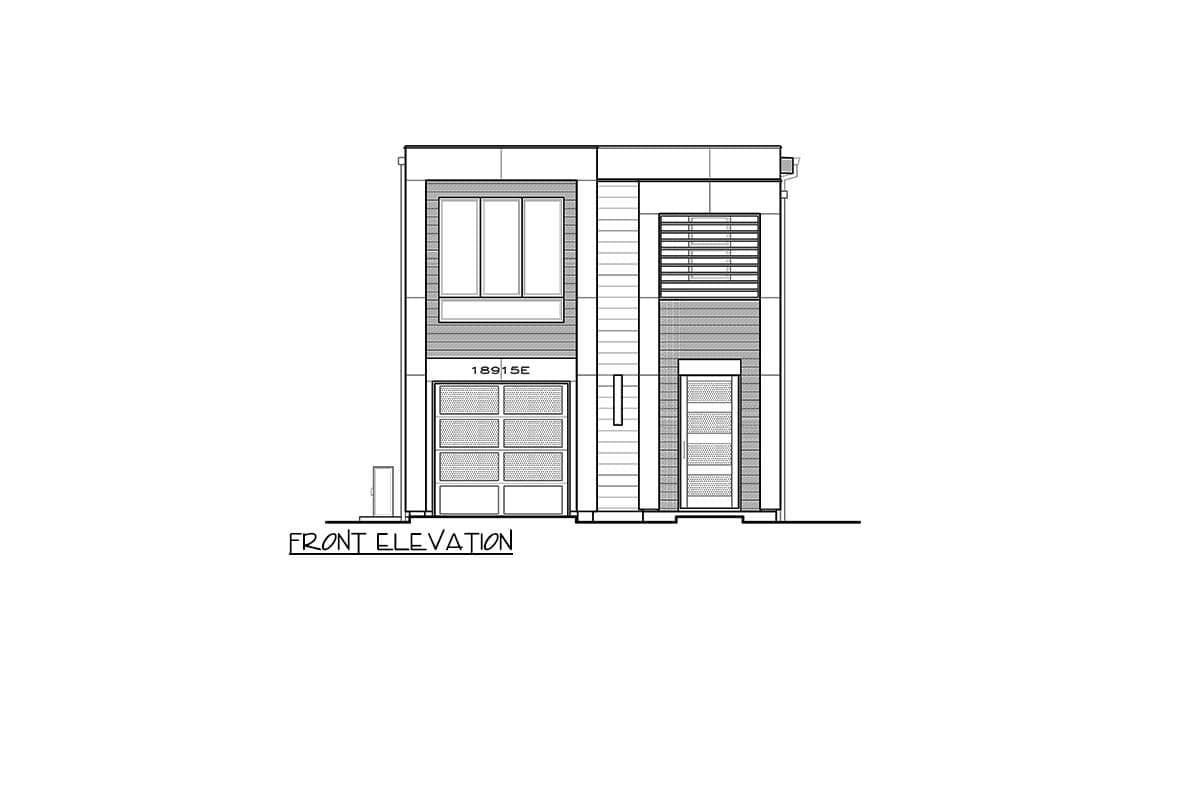 Front elevation drawing of a two-story modern house plan with garage, large windows, and a covered entryway.