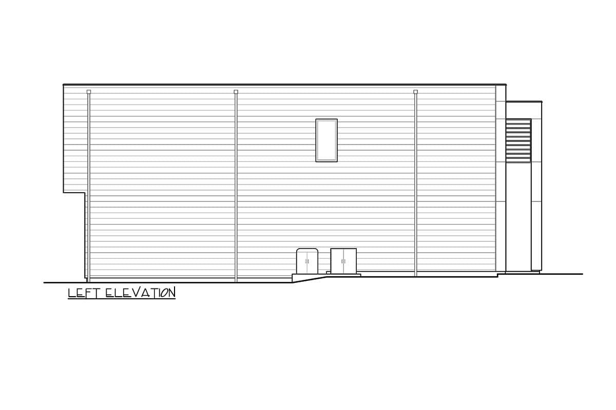 Left elevation house plan showing horizontal siding, one rectangular window, and a stepped entrance with two doors.
