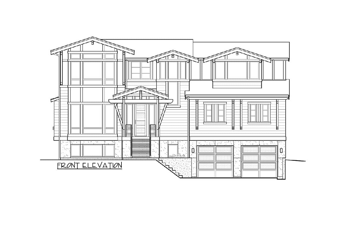 Front elevation house plan shows a multi-story home with a covered entry, multiple gables, and a triple-car garage.