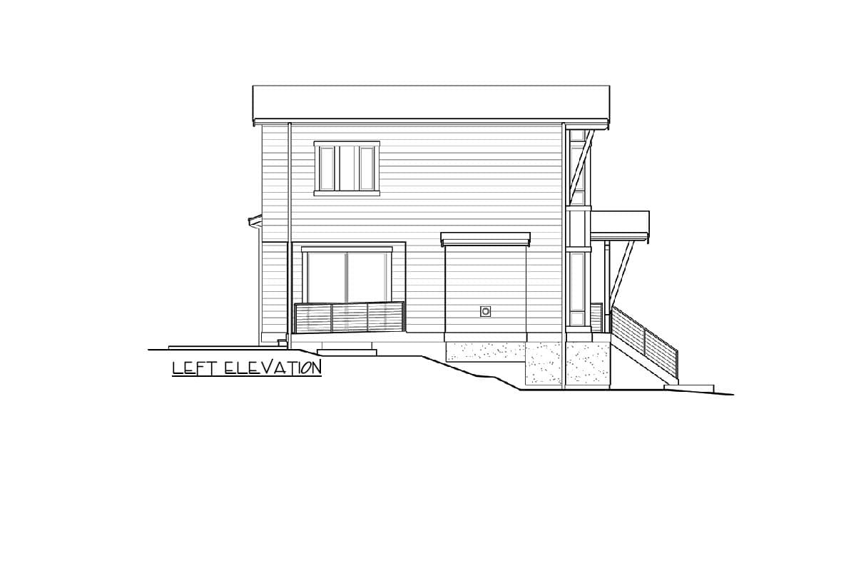 Left elevation drawing of a two-story house with horizontal siding, large windows, and a sloped roof.