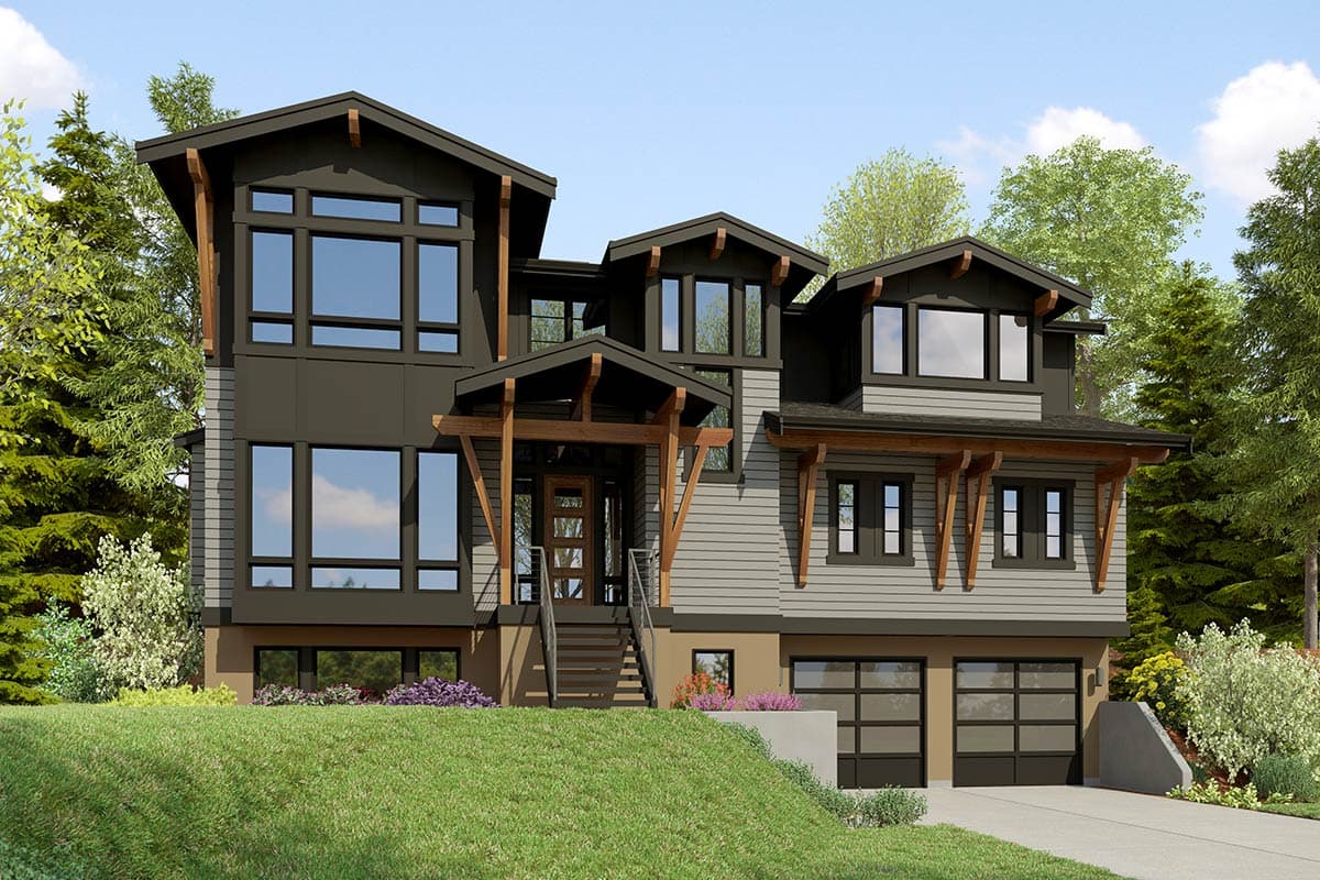House plan exterior. Contemporary style, three-story home with exposed timber beams, multiple gables, and a two-car garage.