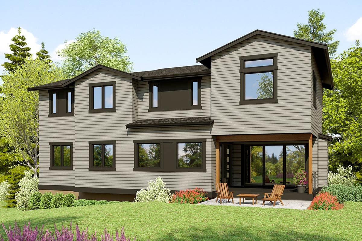 Modern house plan exterior, two stories, with horizontal siding, multiple gables, and covered patio.