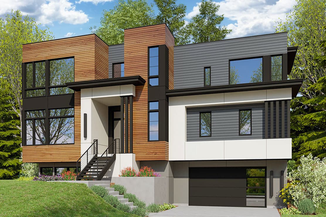 House plan exterior. Two-story modern house with wood siding, flat roof, large windows, and an attached garage.