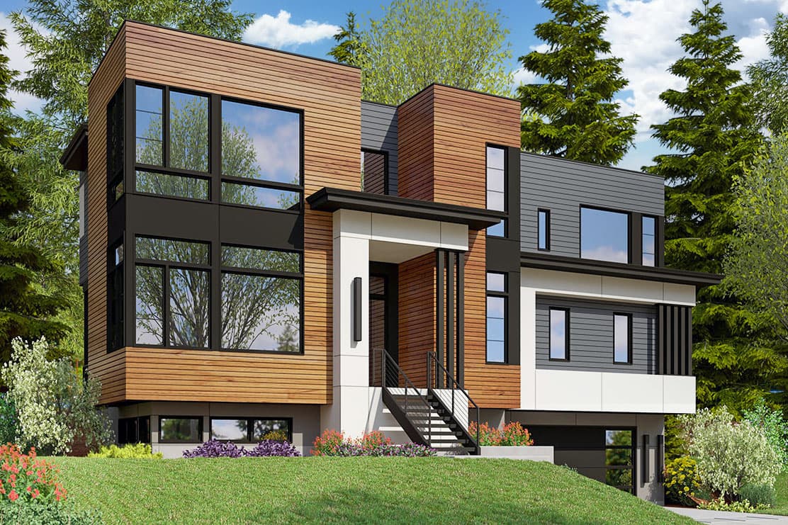 Modern house plan exterior with wood siding, large windows, multiple levels, and attached garage.