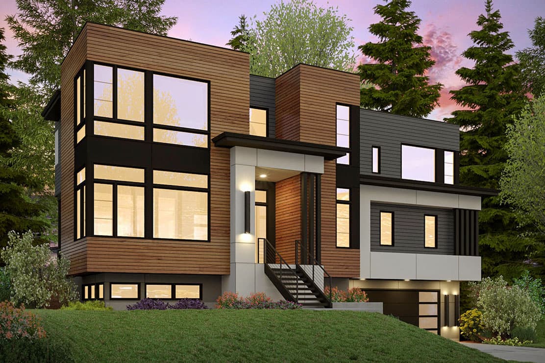 Modern house plan exterior with horizontal siding, large windows, and a prominent entryway with stairs.