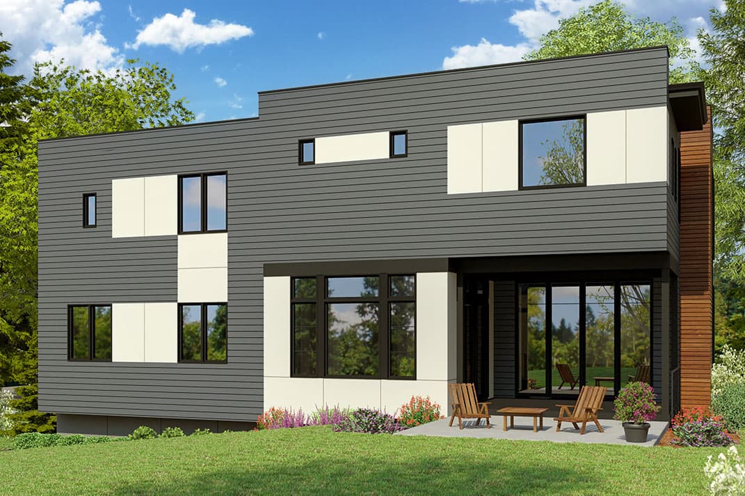 Modern house plan exterior with two stories, dark gray horizontal siding, white panels, and large dark-framed windows.