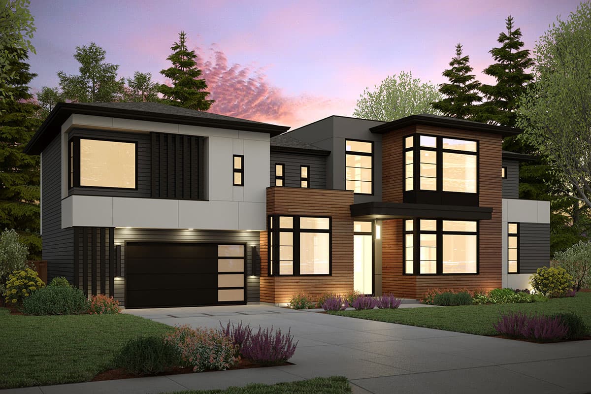 Modern house plan exterior with two stories. Features include a side-entry garage, horizontal wood siding, and large windows.