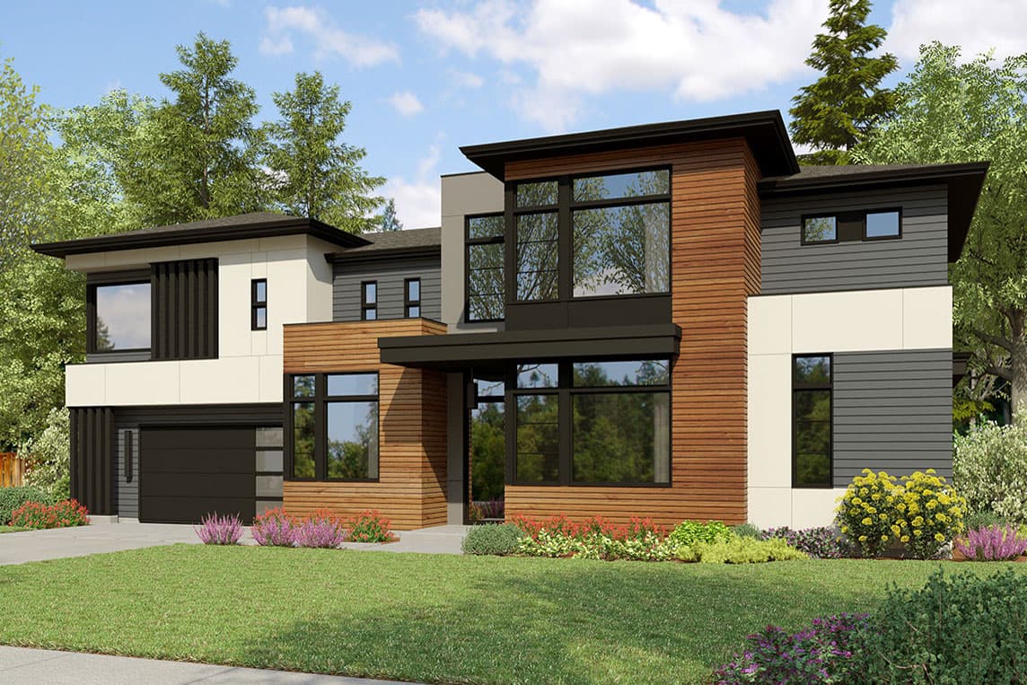 Modern house plan exterior with wood siding, large windows, a covered entry, and a two-car garage.
