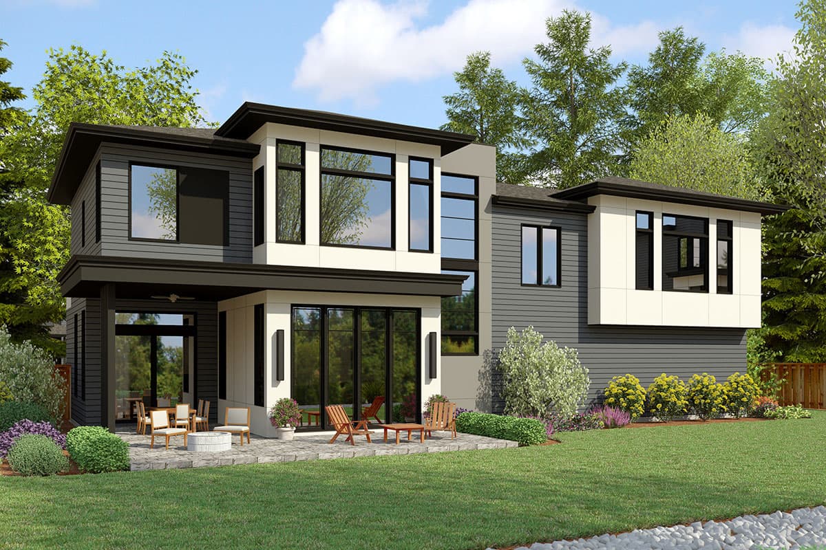 Modern house plan exterior, two stories, with multi-pane windows, overhangs, and covered patio.