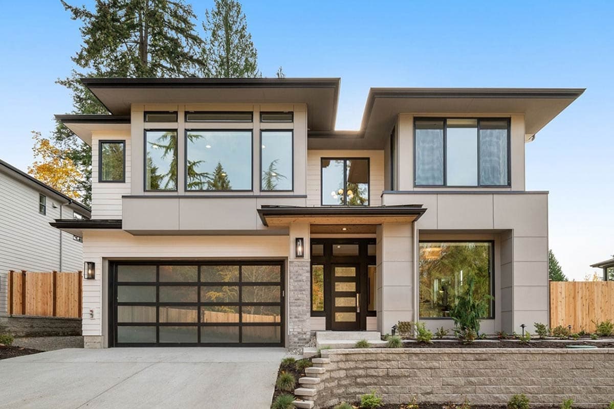 House plan exterior featuring a two-story modern style with flat rooflines, large windows, and a glass-paneled garage door.