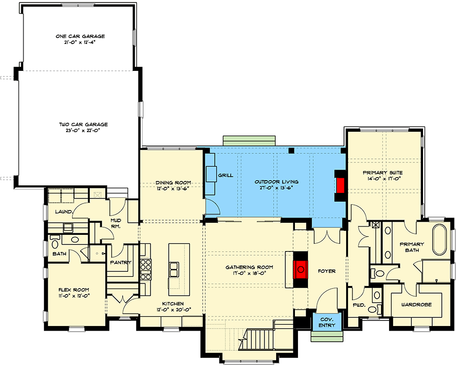 Plan 93220EL: 4-Bed Transitional New American House Plan with Outdoor Kitchen and Fireplace - 3448 Sq Ft - Floor Plan - Main Level - Contemporary, European, New American, Transitional