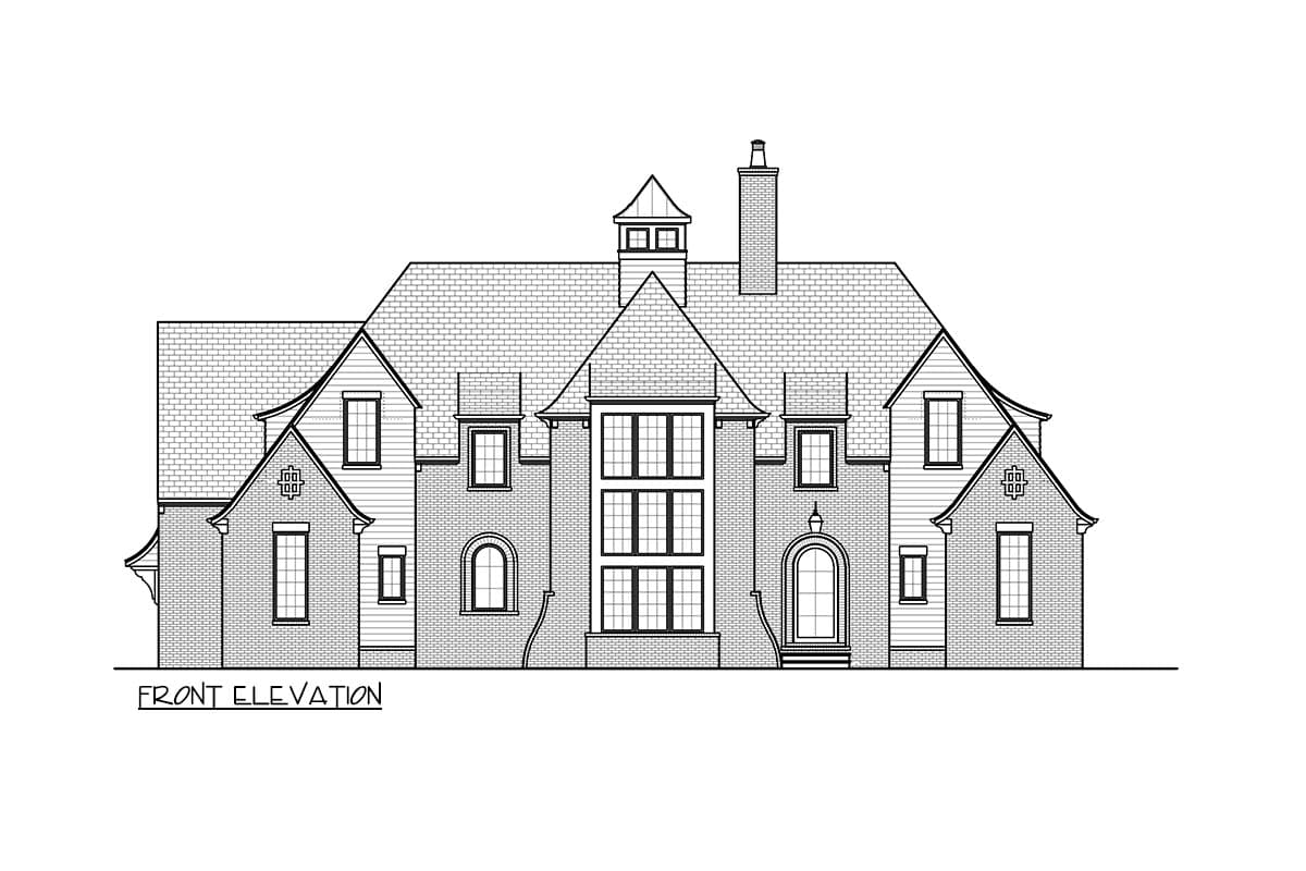 Front elevation drawing of a multi-story house plan featuring varied rooflines, dormers, gables, brick and siding, and an arched entryway.