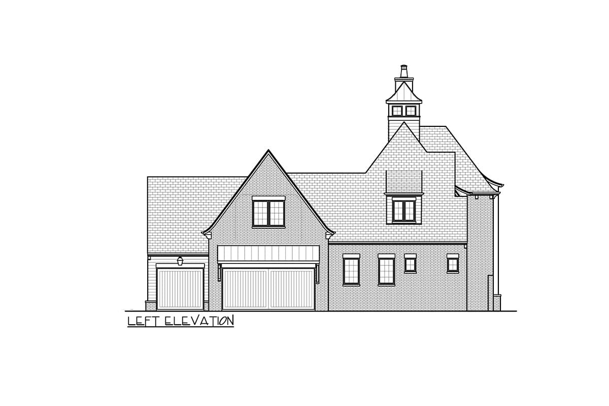 Left elevation drawing of a house plan with a gabled roof, dormer window, two garage doors, and a turret-like chimney structure.