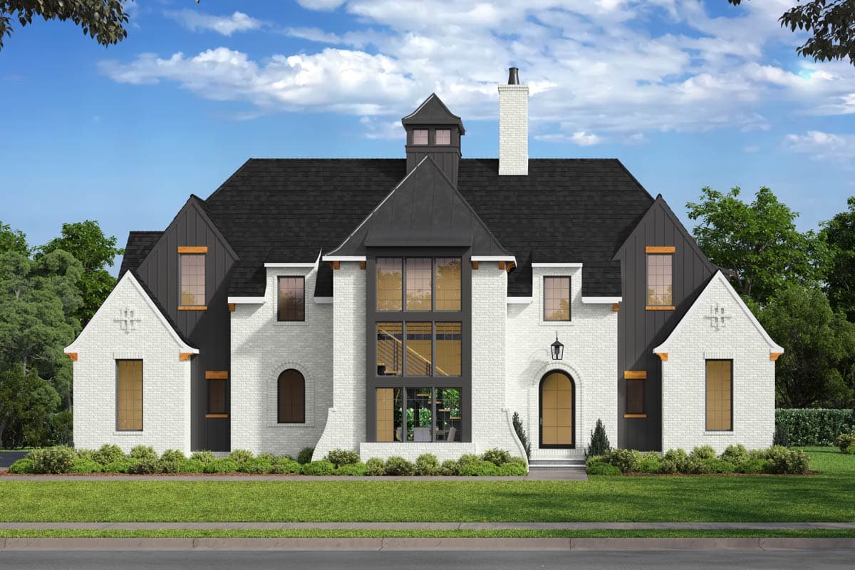 House plan exterior. Two-story with dark roof, multi-pane windows, dormers, and gabled rooflines. Includes a centered cupola and brick facade.