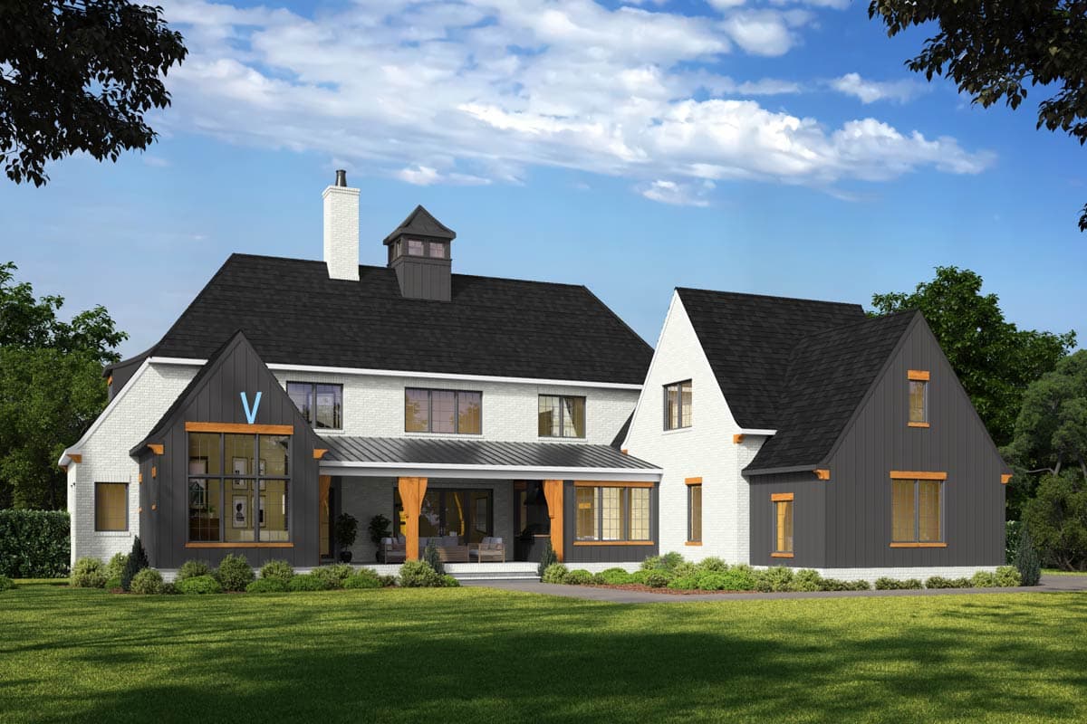 House plan exterior: Two-story Modern Farmhouse with white brick, dark gables, covered porch, and prominent chimney.