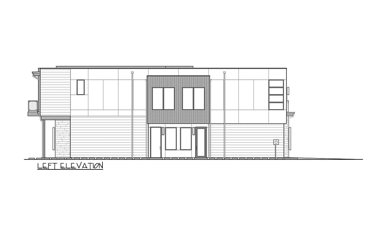 Left elevation of a two-story modern house plan with horizontal siding, brick base, and multiple windows.