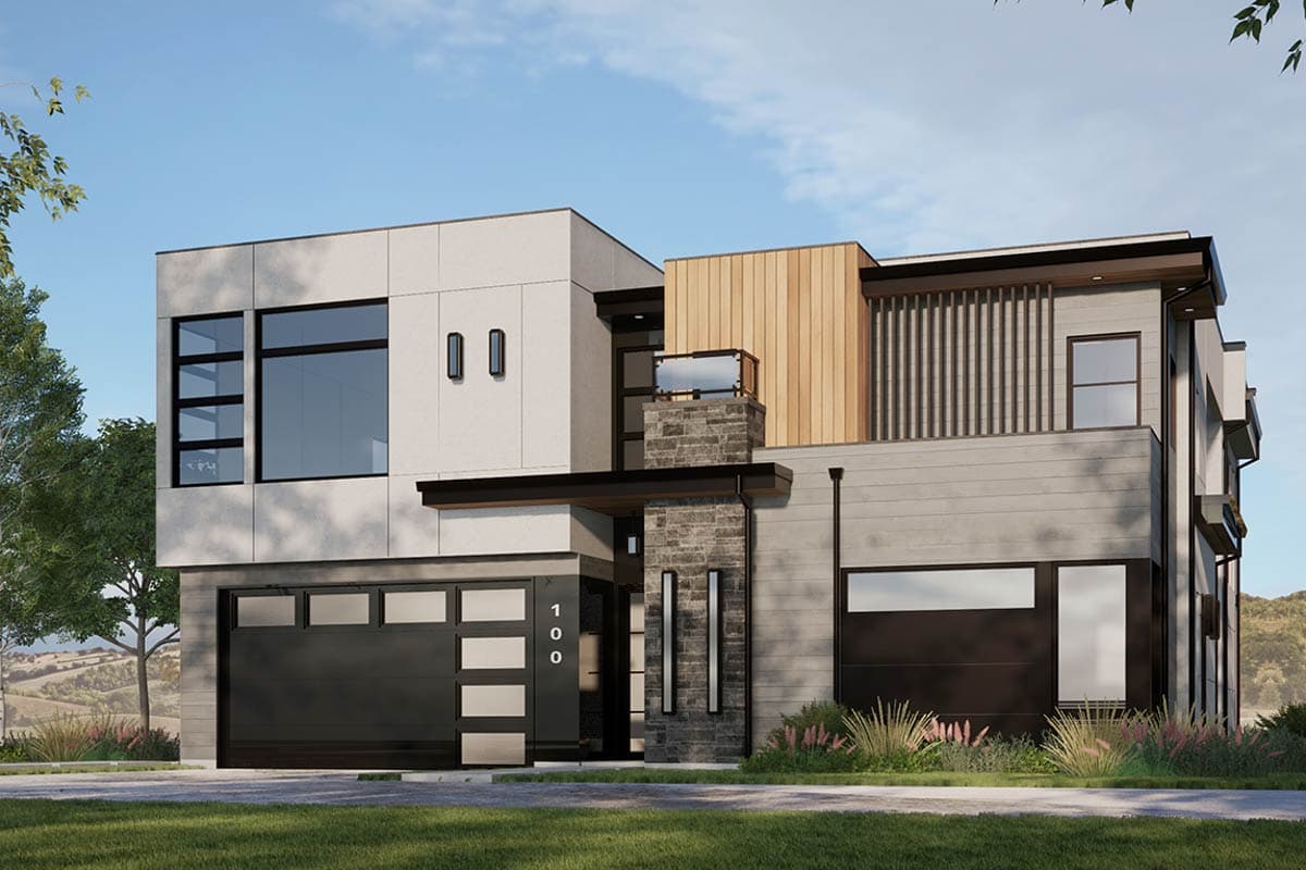 Modern house plan exterior with two stories, flat roof, wood siding, and a garage. Features include large windows and a stone chimney.