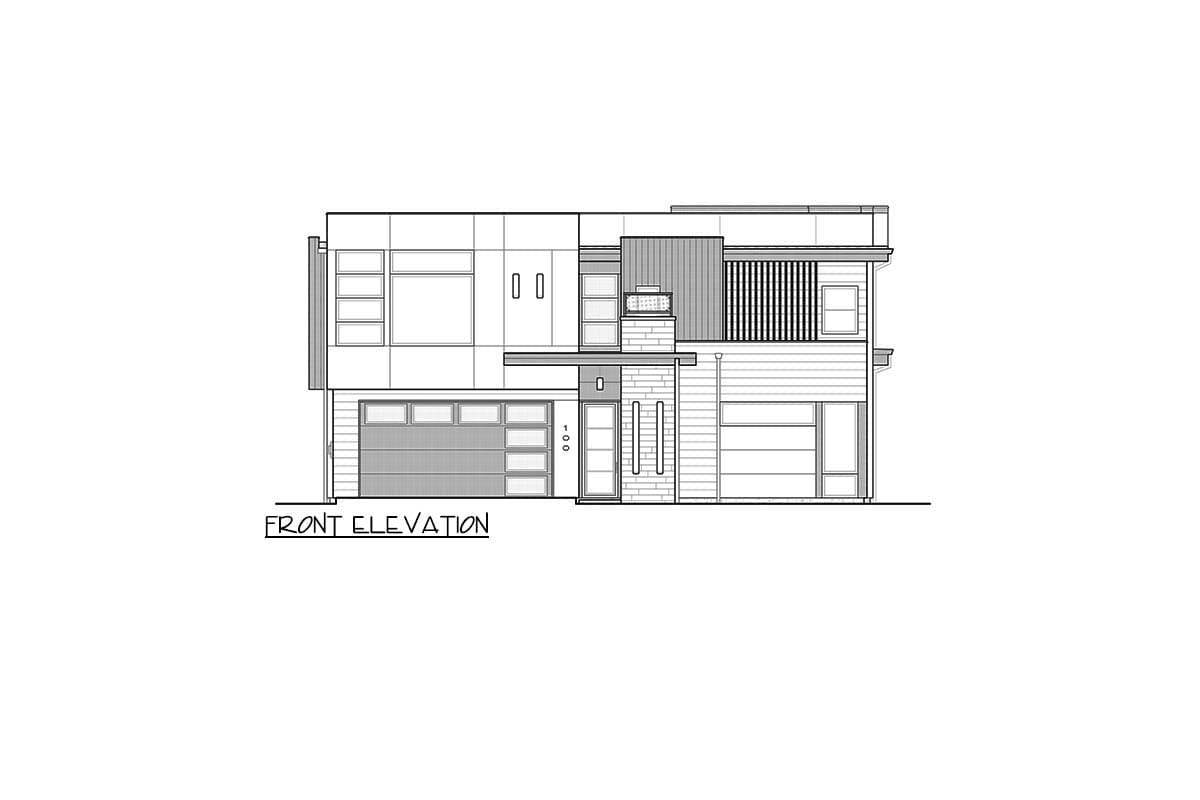 Front elevation drawing of a two-story modern house with a prominent garage, multi-pane windows, and varied siding textures.