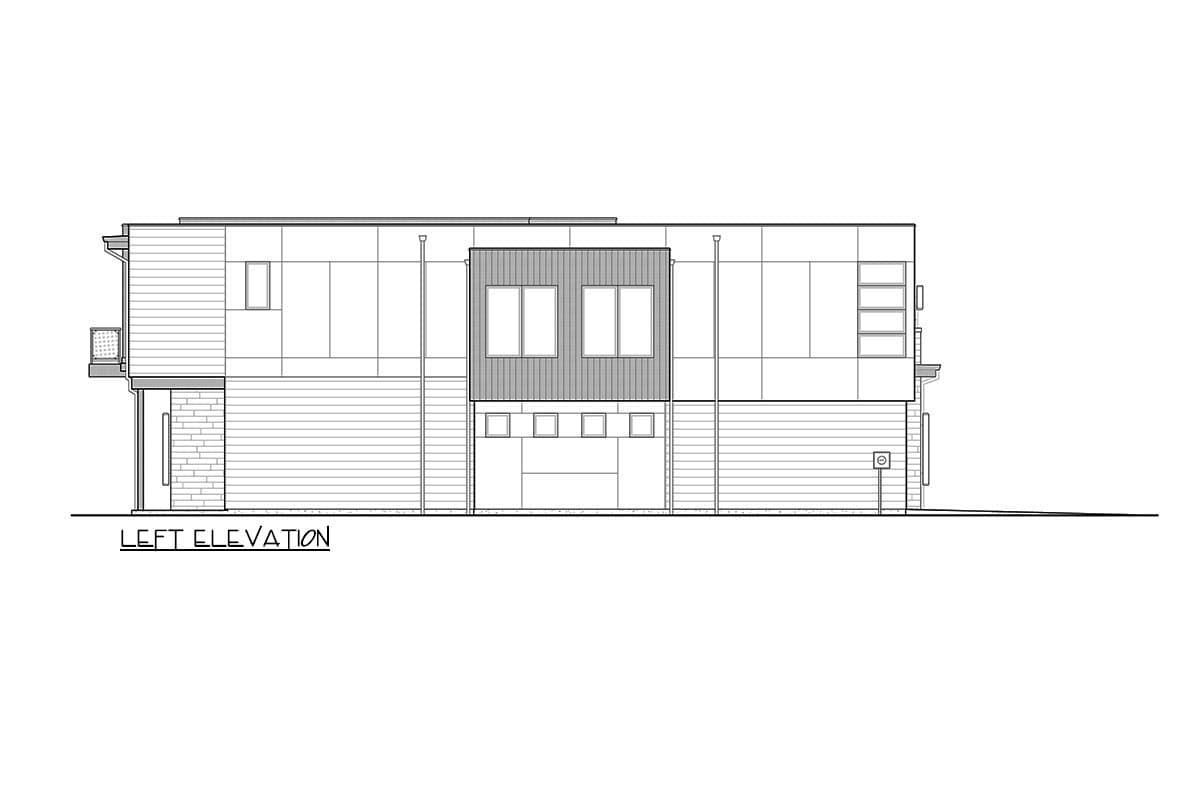 Left elevation drawing of a modern two-story house with horizontal siding, brick accents, and multiple window arrangements.