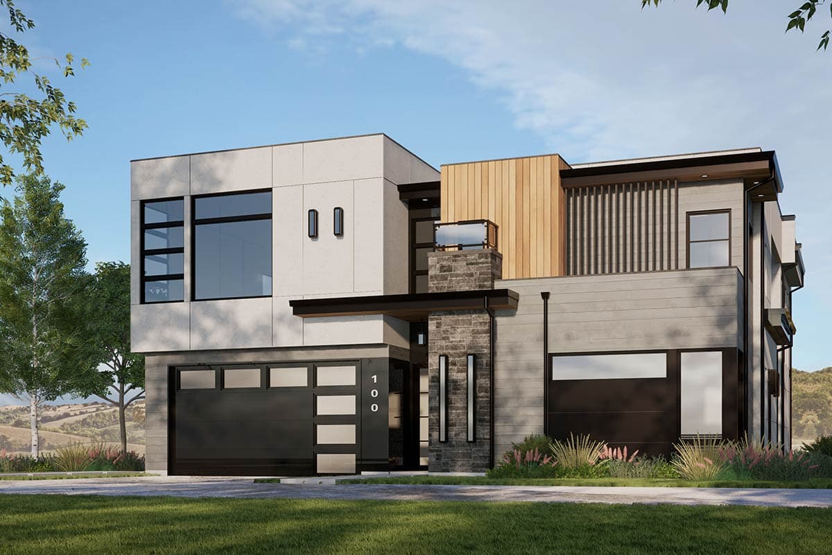 House plan exterior with modern style, two stories, flat roof, and an attached garage. Features include mixed siding and stone facade.