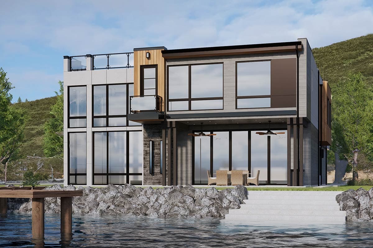 Modern house plan exterior with multiple stories, extensive glass, a rooftop deck, and cantilevered balconies.