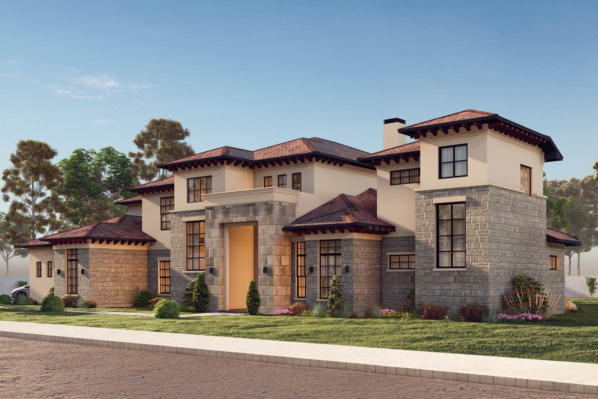 House plan exterior featuring multiple gables, stone accents, and large windows.