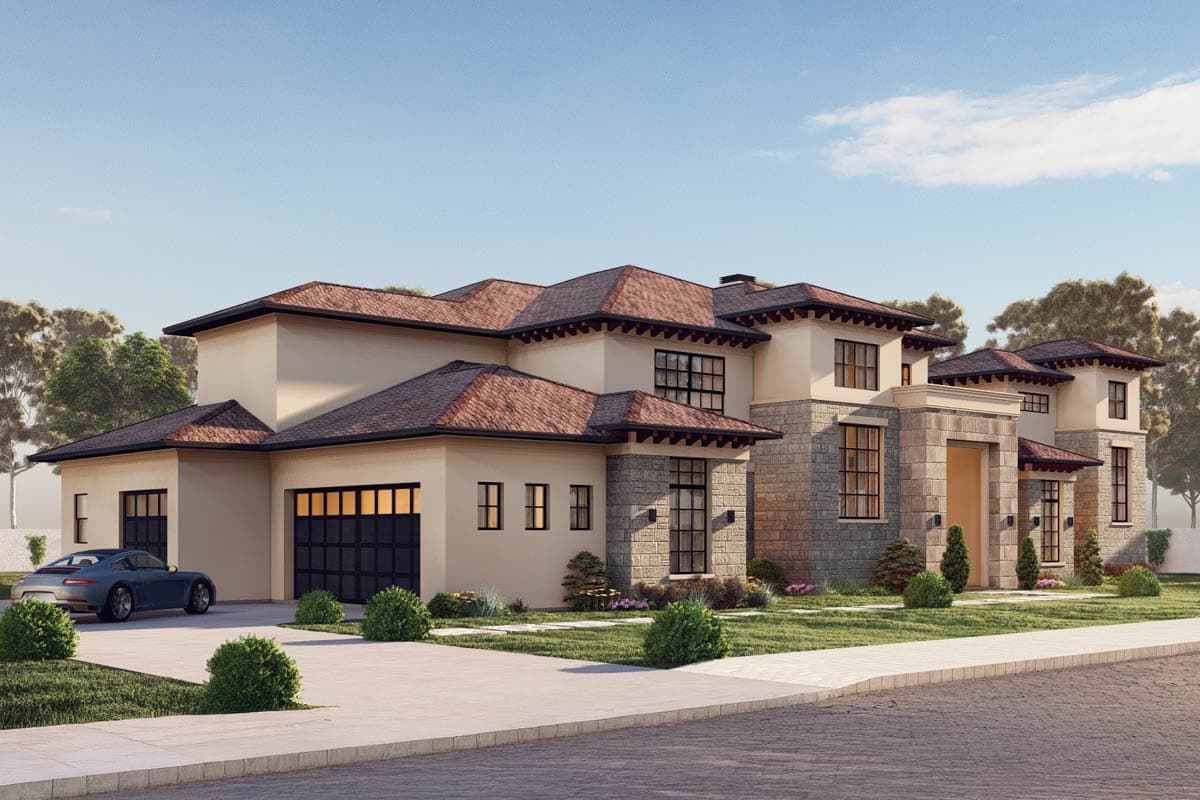 Modern house plan exterior: two-story, stucco and stone, multiple gables, attached garage with dark doors, large windows, and a central portico.