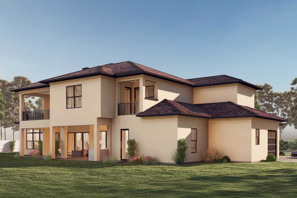 House plan exterior: two-story home with hip roof, covered balconies, and attached garage.