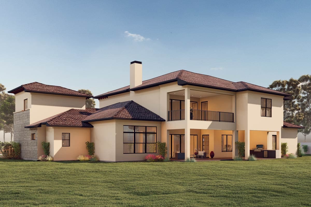 House plan exterior: Two-story contemporary home with a covered balcony, large windows, and stone accent wall.