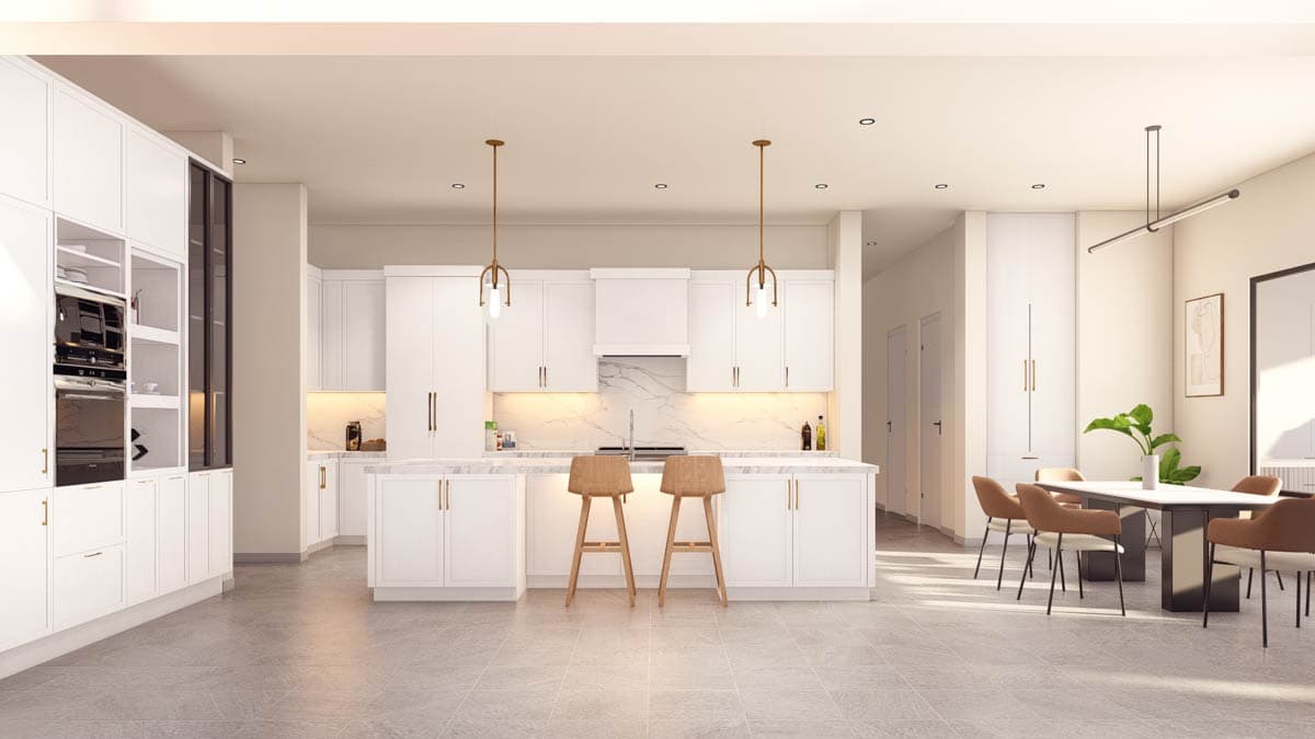 Modern kitchen and dining area with white cabinetry, island, built-in appliances, and dining table.