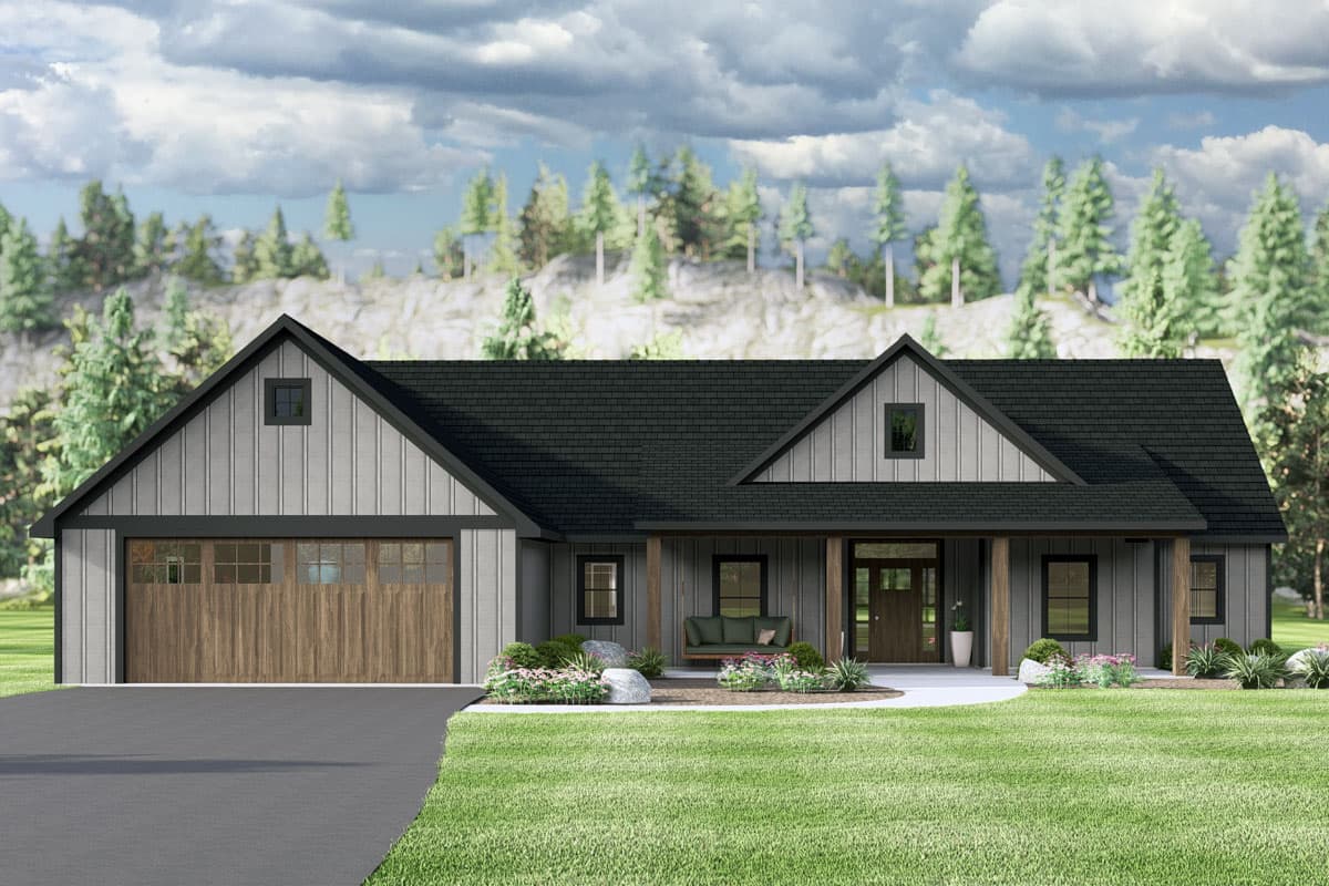 House plan exterior. Modern farmhouse style with a single story, a covered porch, and gabled rooflines. Includes a two-car garage.