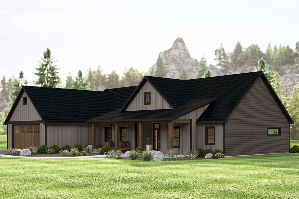 Modern Farmhouse house plan exterior with covered porch, gabled dormer, and attached garage.