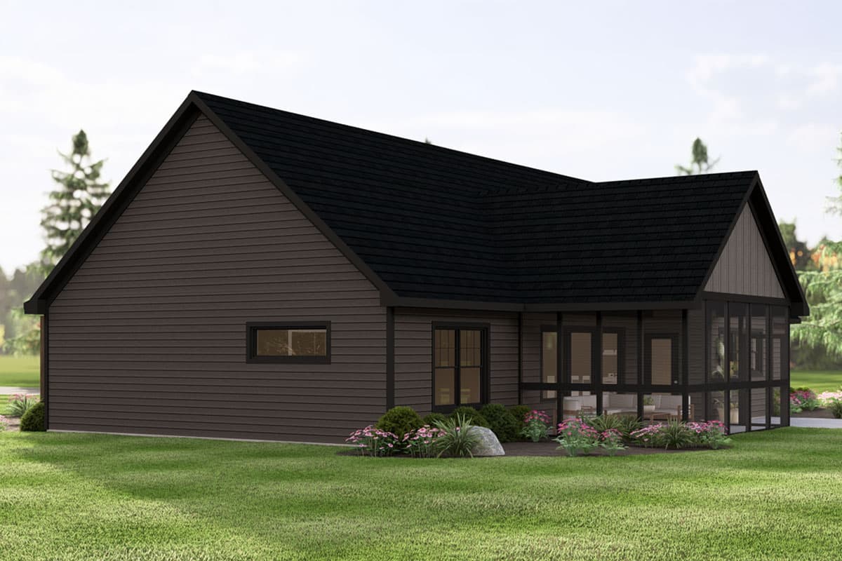 House plan exterior: one-story home with horizontal siding, a gabled roof, and a screened-in porch.
