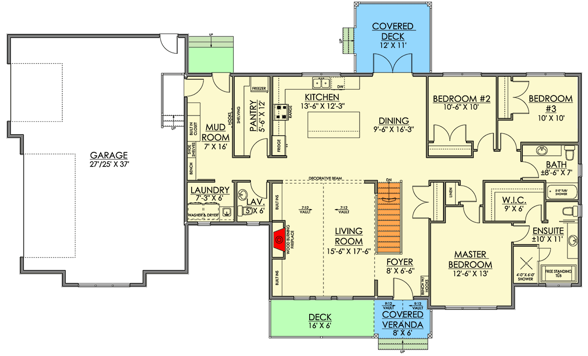 Plan 81853AB: 3-Bed Rustic Mountain Cabin House Plan with Vaulted Living Room - 2001 SQ Ft - Floor Plan - Main Level - Cabin, Mountain, Rustic