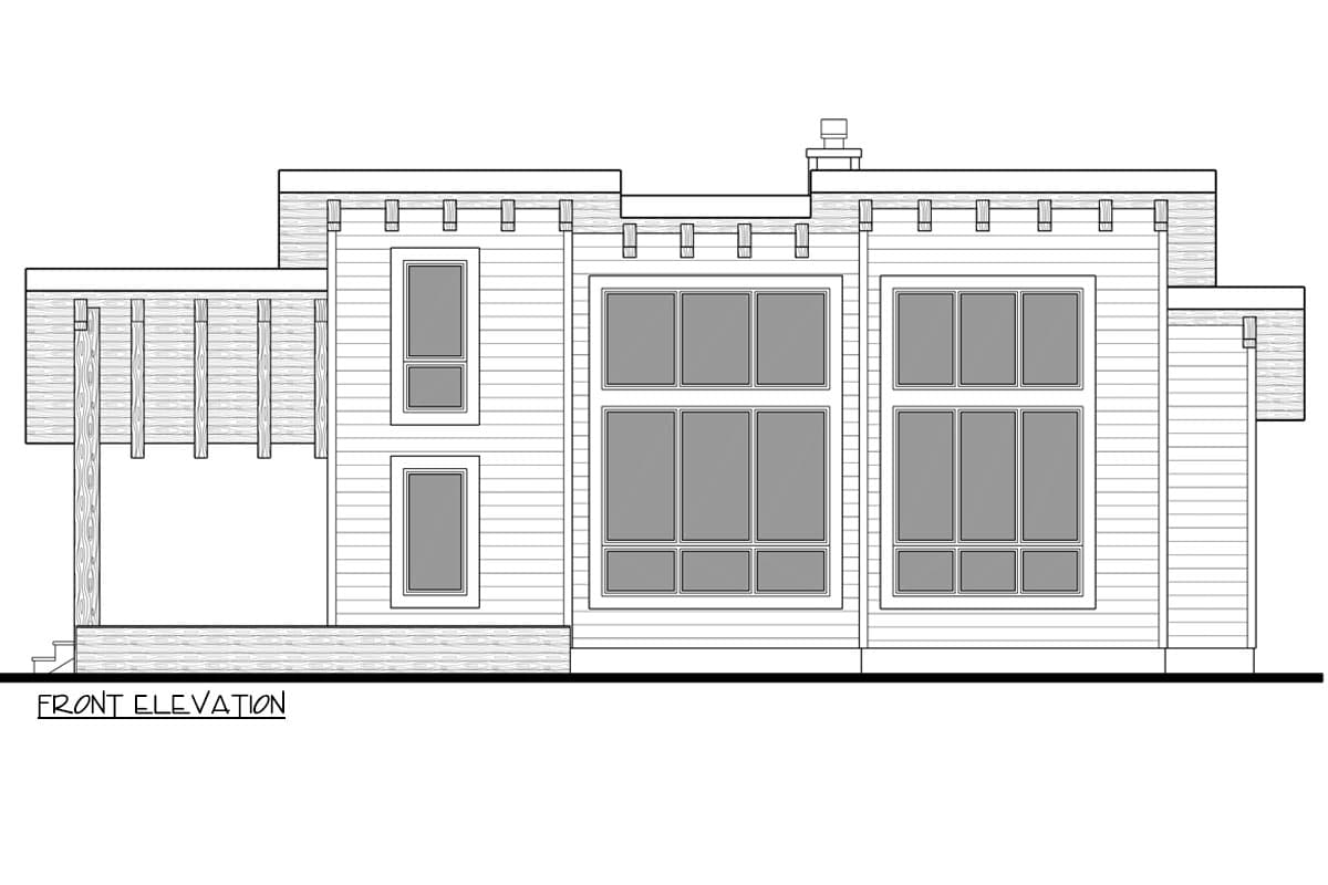 Front elevation drawing of a modern house plan with a covered porch, horizontal siding, and large multi-pane windows.