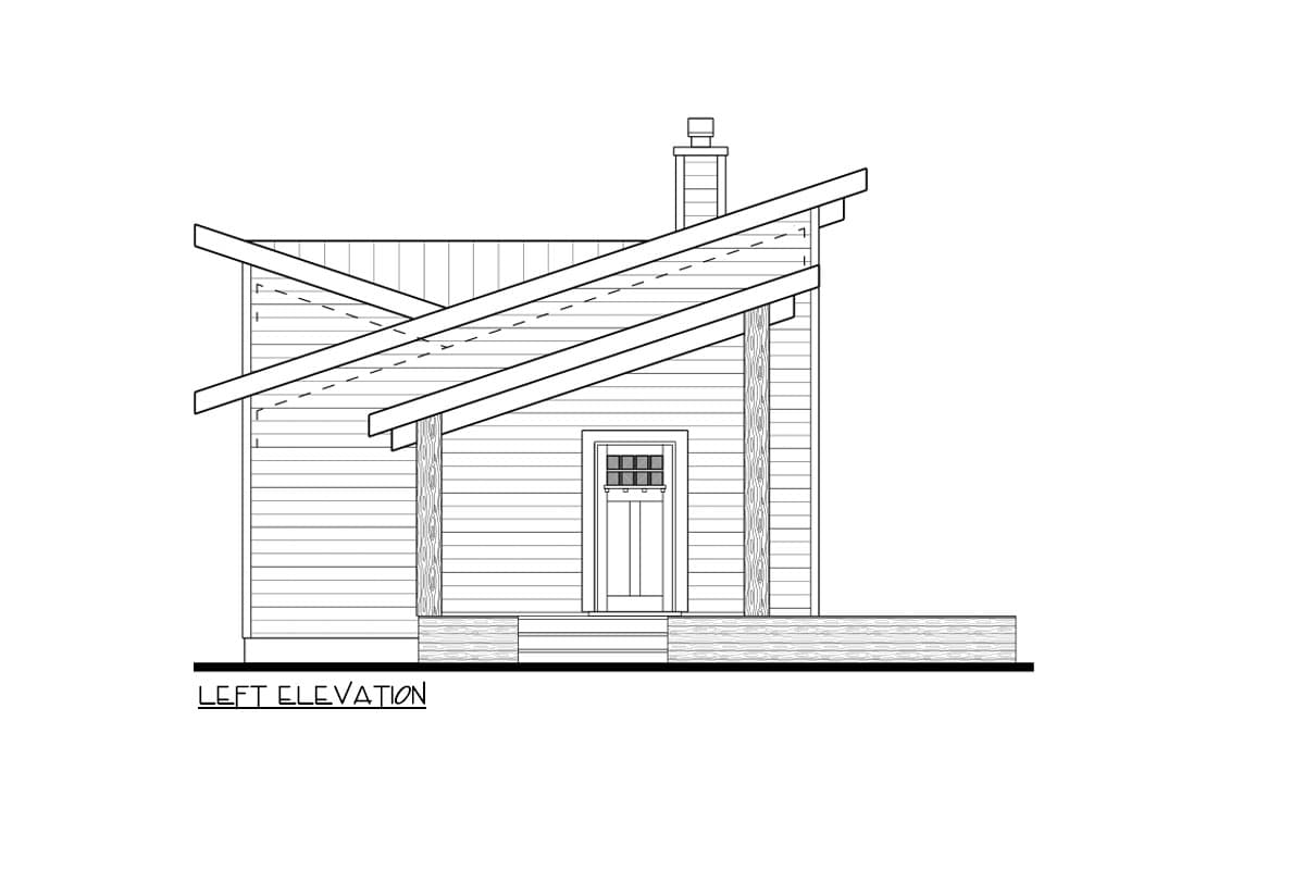 Left elevation house plan showing a side view with a prominent angled roof, porch, and single door.