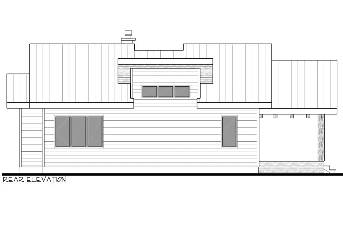 Rear elevation drawing of a house plan with multiple rooflines, a chimney, and a covered porch.
