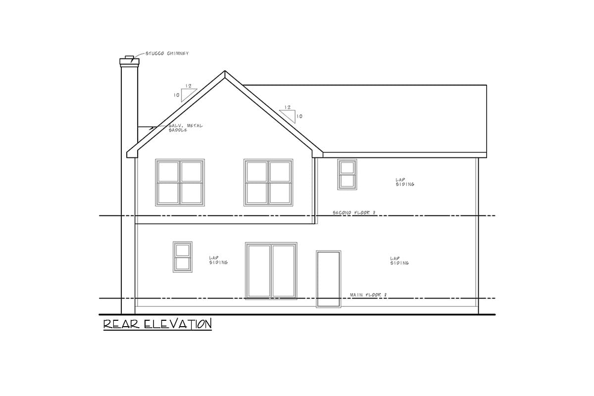 Rear elevation house plan drawing showing a two-story structure with lap siding, a stucco chimney, and multiple windows.