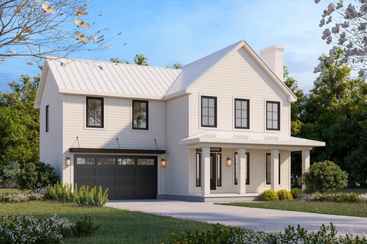 House plan exterior featuring a two-story Modern Farmhouse design. Includes a covered porch, gable roof, and attached garage.
