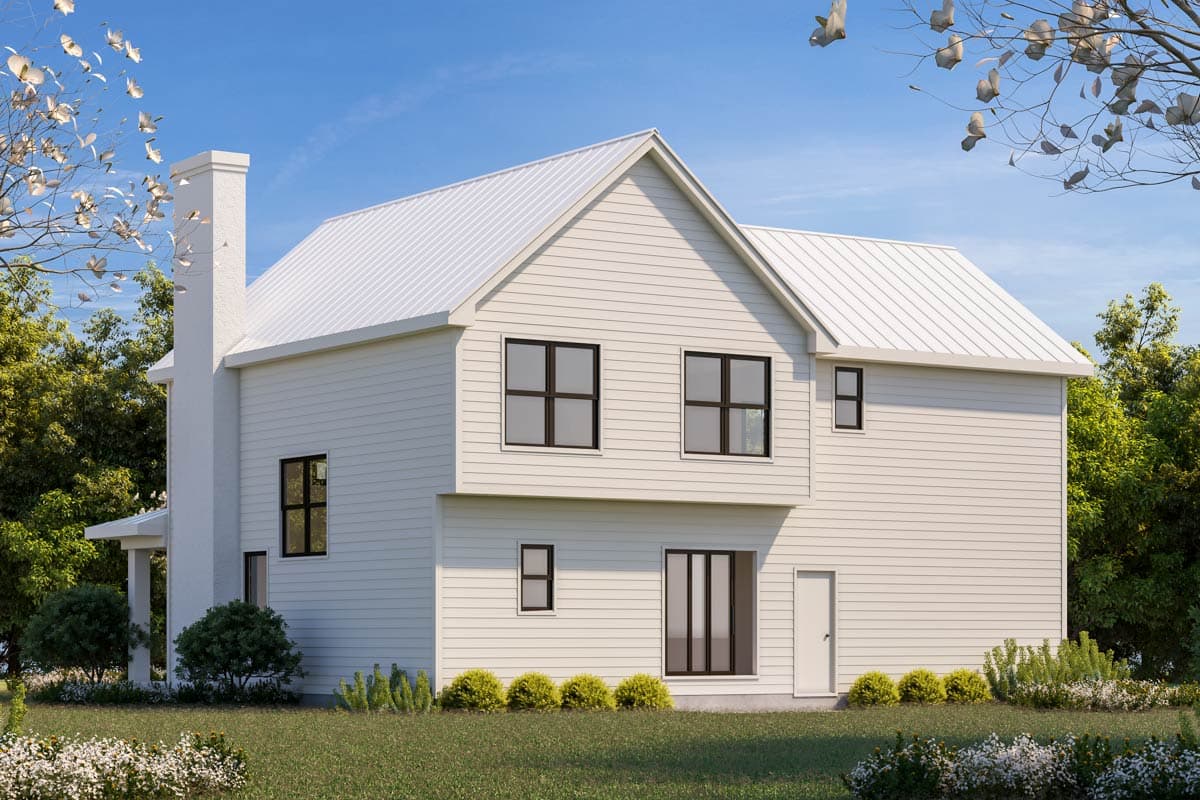 Modern farmhouse house plan exterior: two stories, white siding, gabled roof, prominent chimney, and dark-framed windows.