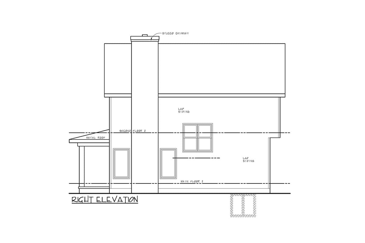 Right elevation drawing of a house plan featuring lap siding, a metal roof, a stucco chimney, and windows on main and second floors.
