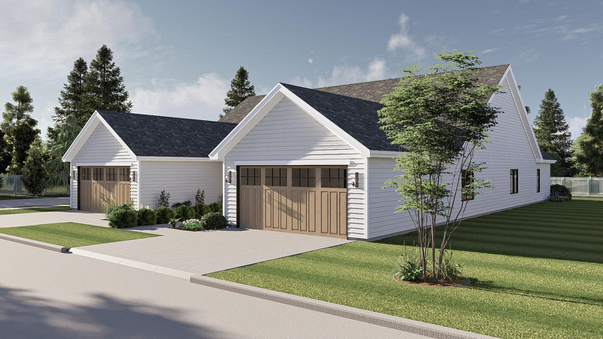 House plan exterior of a two-story Modern Farmhouse with white siding, gabled roofs, and double garage doors.