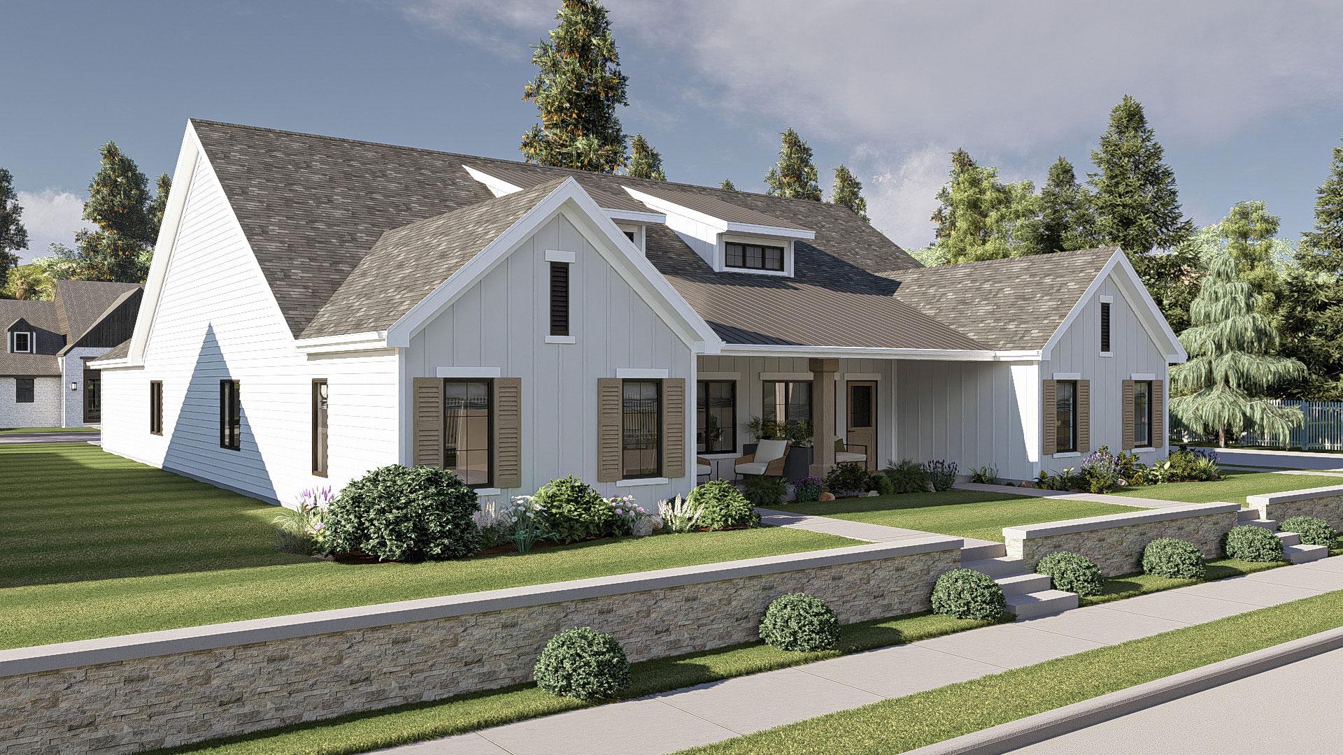 Modern Farmhouse style house plan exterior with gables, dormers, a covered porch, and a side-entry garage.
