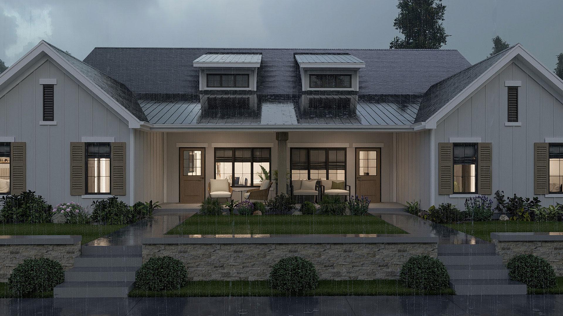 Modern Farmhouse house plan exterior with dual gables, dormers, a covered porch, and symmetrical doors.