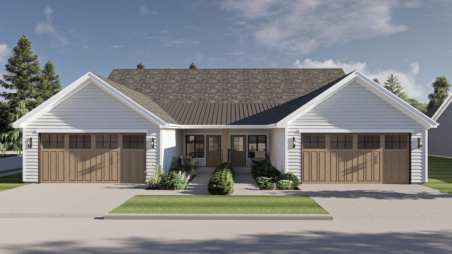 Modern Farmhouse house plan exterior with two attached garages, gabled dormers, and central covered entry with double doors.