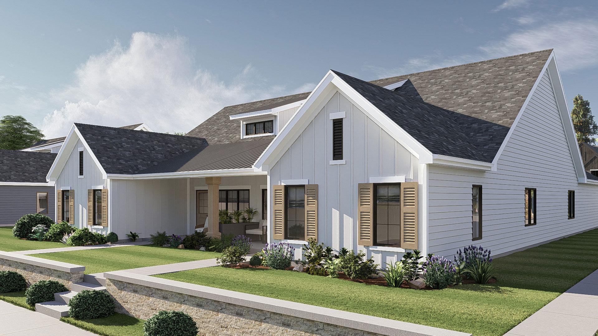 Modern Farmhouse house plan exterior with board and batten siding, gables, dormer, and covered porch.